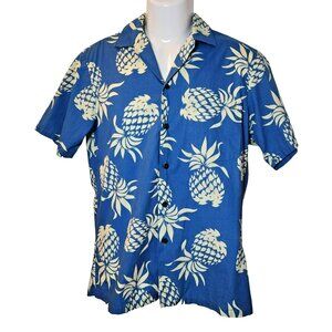 RJC Hawaiian Camp Shirt S Blue Pineapple‎ Cotton Aloha Button Front Preowned